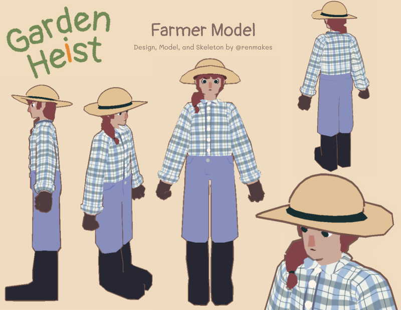 Varying views of a 3D model of a farmer for the game Garden Heist.