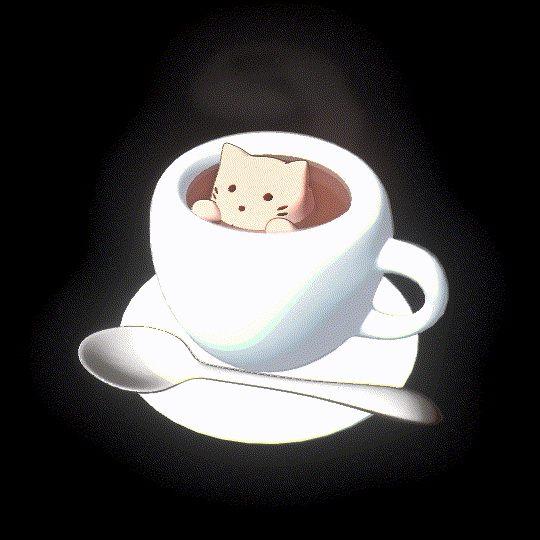 Rotating 3D model of a coffee cup with cat latte art.