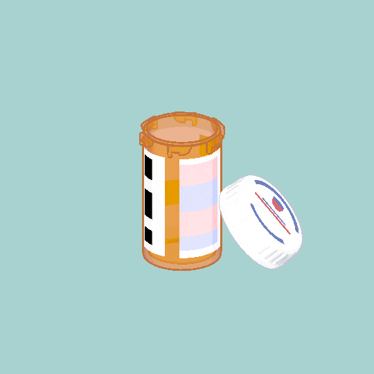Rotating 3D model of a pill bottle with pills falling.